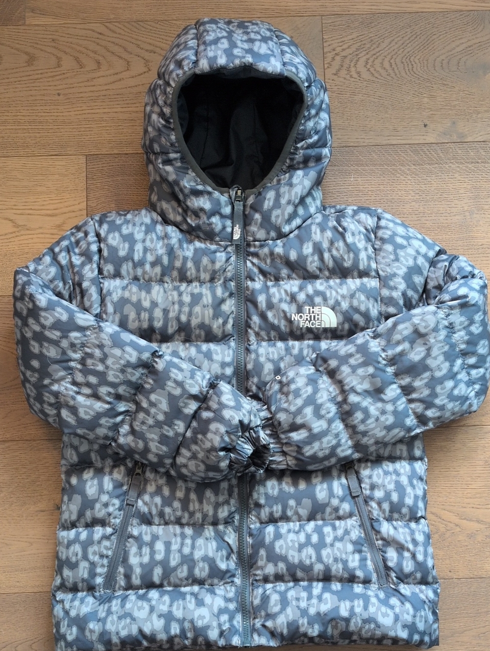 The North Face Gray Leopard-Print Reversible Puffer Jacket with Hood